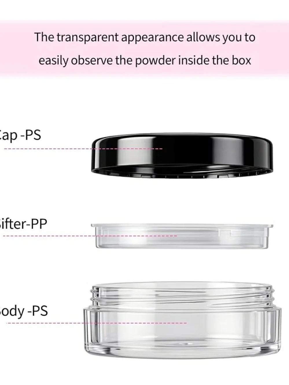 Clear Travel-Friendly Powder Cosmetic Jar with Black Screw Lid & Sifter BNIB